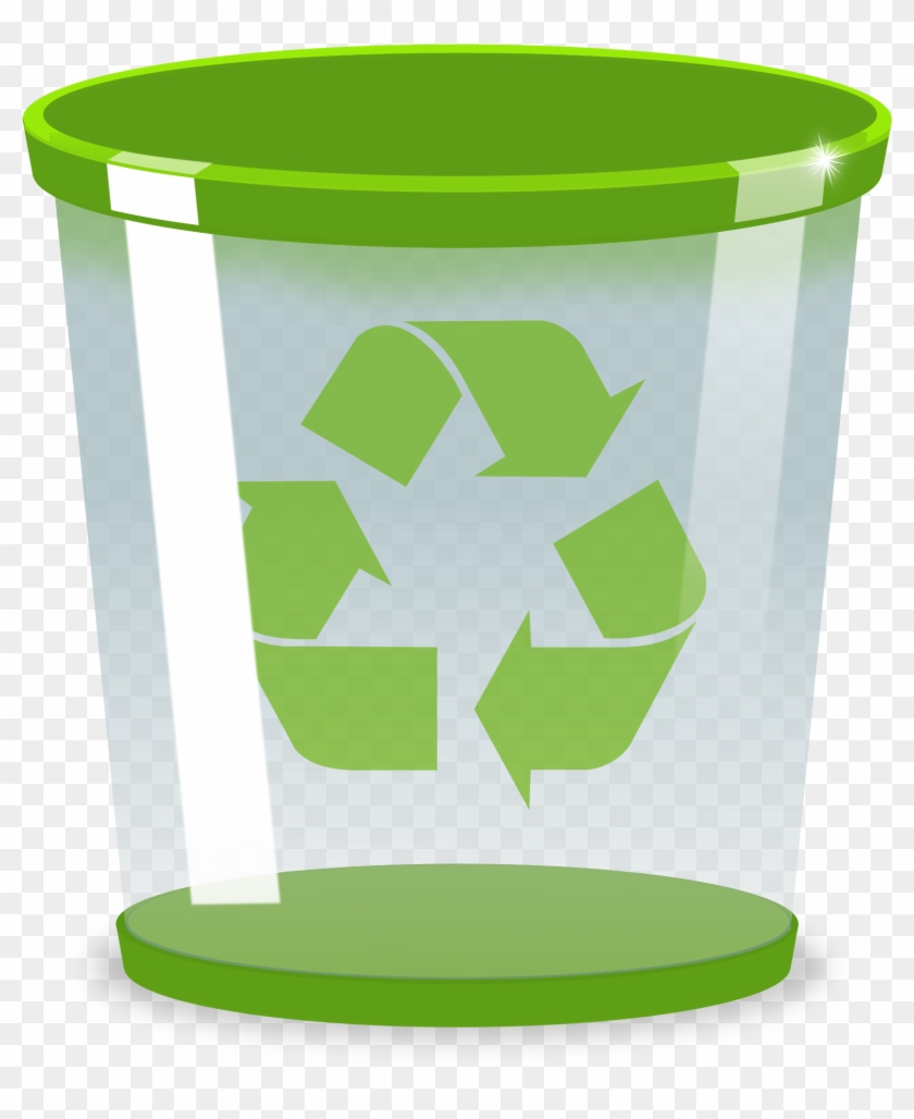 Green recycling bin with transparent body and universal recycling symbol inside.