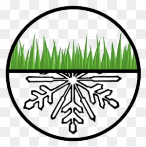 Circular logo showing green grass above and a snowflake below, symbolizing seasonal transition or climate balance.