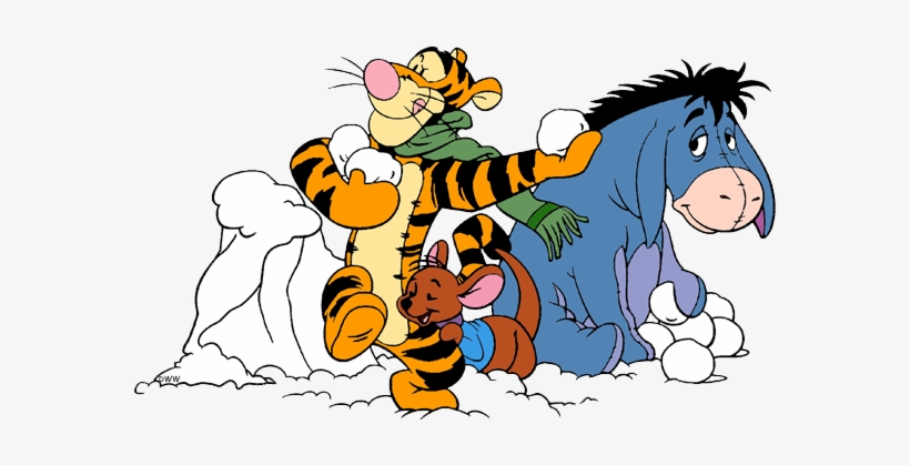 Tigger, Roo, and Eeyore playing in the snow with snowballs and a snow pile.