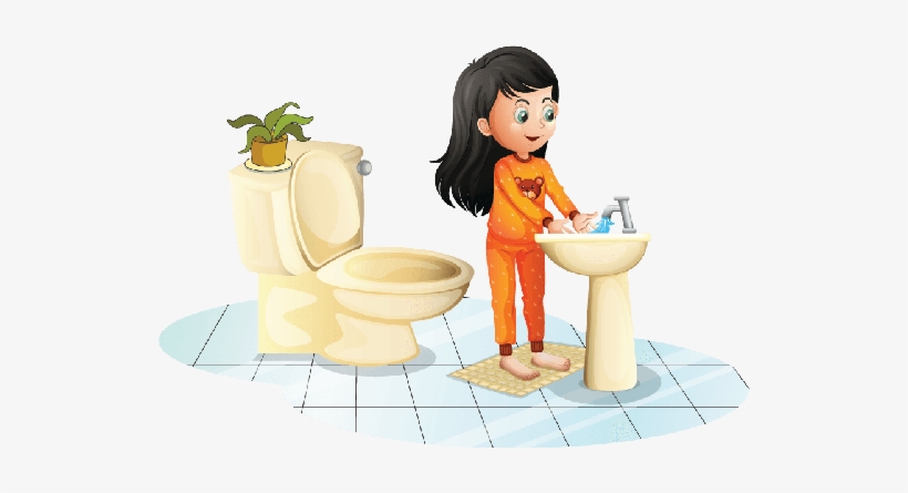 A young girl in orange pajamas washing her hands at a bathroom sink next to a toilet with a potted plant on top.