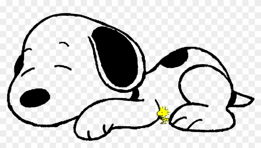 Snoopy sleeping peacefully with Woodstock perched on his paw, classic Peanuts cartoon style.