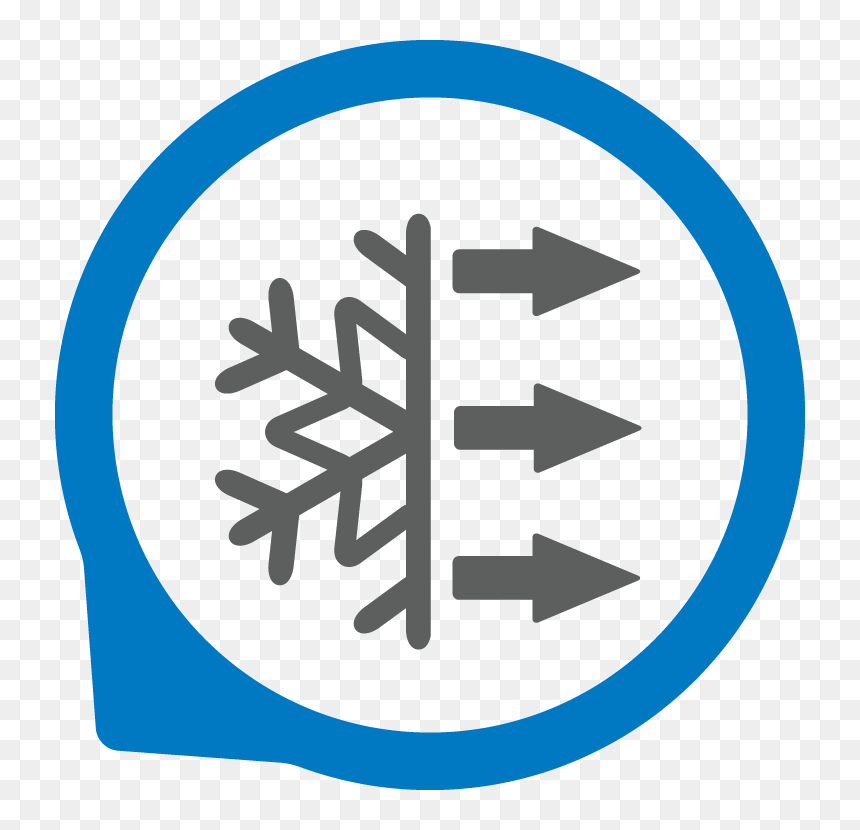 Blue circular icon showing a snowflake with three right-pointing arrows, symbolizing cold air or refrigeration flow.