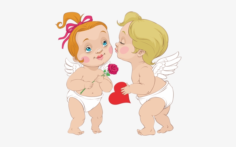 Two cute baby cupids with wings-one holding a rose, the other a heart-sharing a sweet kiss.