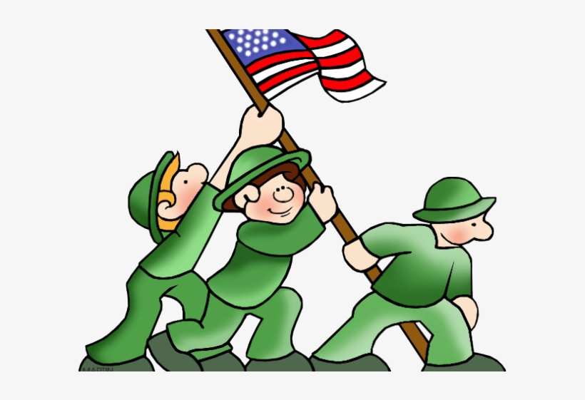 Patriotic Soldiers Raising American Flag - Clipart Illustration
