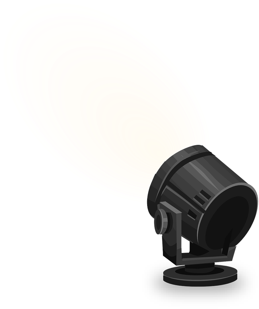 Black stage spotlight emitting a warm, concentric yellow-to-amber beam against a black background.