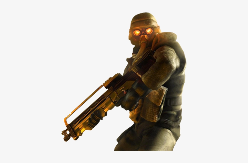 A masked soldier with glowing orange goggles holds a futuristic assault rifle in tactical stance.