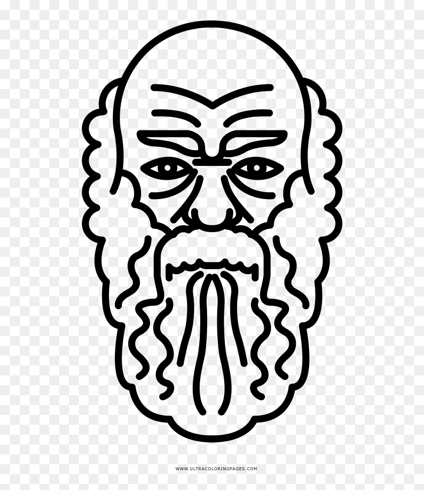 Line-art illustration of a bearded, bald ancient philosopher with intense gaze and curly beard.