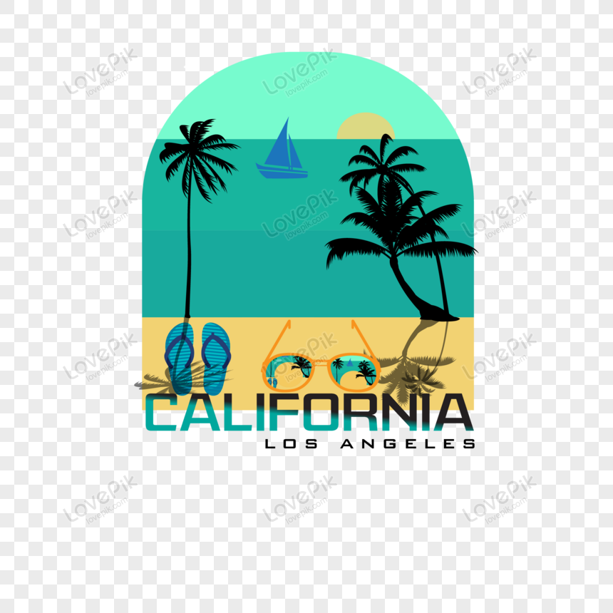 California Los Angeles beach scene with palm trees, sailboat, flip-flops, and sunglasses on sandy shore at sunset.