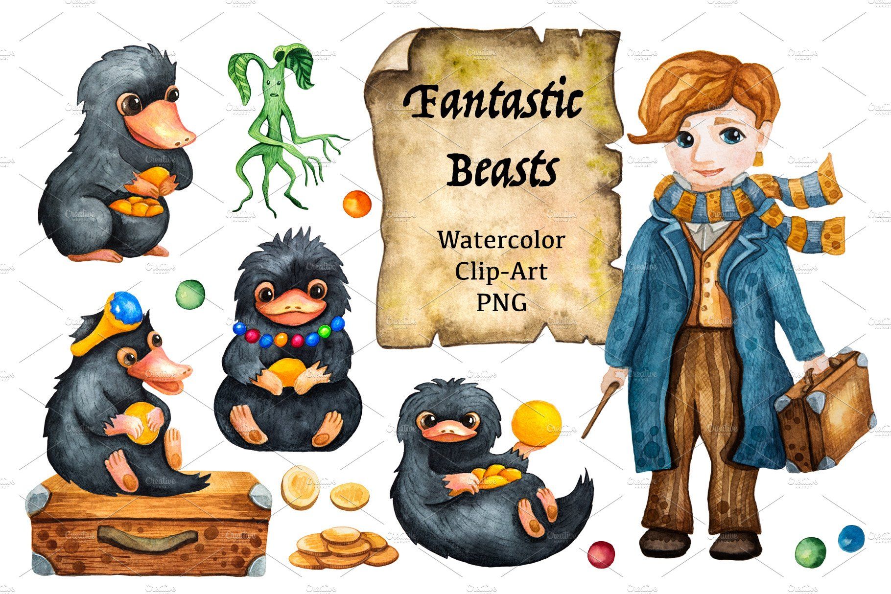 Fantastic Beasts Watercolor Clip-Art PNG Set | Magical Creatures & Characters