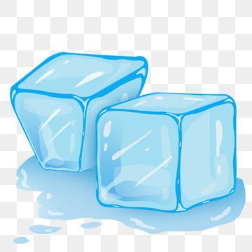 Two translucent blue ice cubes melting on a transparent background, with water pooling beneath.