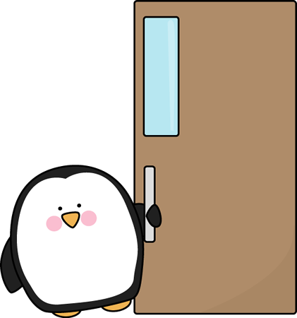 A cute cartoon penguin with rosy cheeks holds the handle of a brown door, ready to open it.