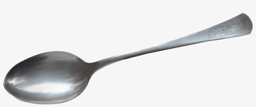 Polished stainless steel spoon with ornate floral engraving on handle, isolated on white background.