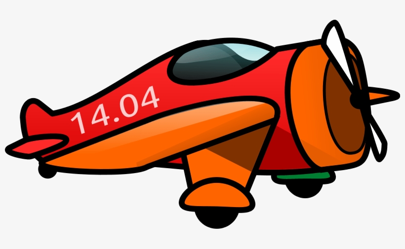 Red and orange cartoon propeller airplane with "14.04" on fuselage, black wheels, green tail detail.