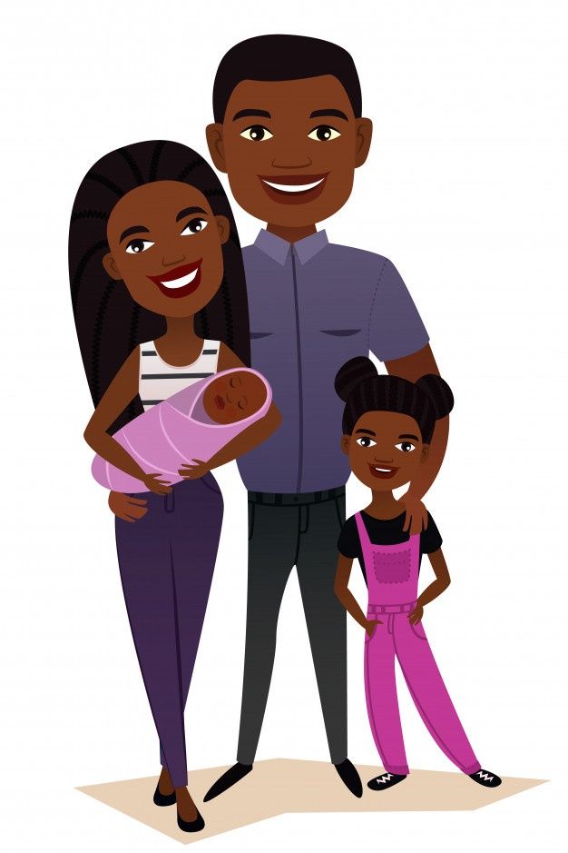 Happy Black family of four-mother holding newborn, father and daughter smiling together.