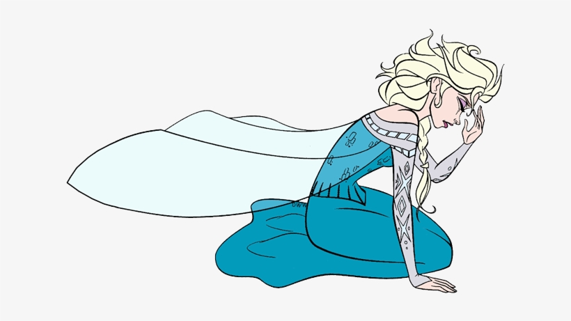 Elsa from Frozen kneeling with hand to forehead, wearing blue gown and flowing cape, expression of sorrow or exhaustion.