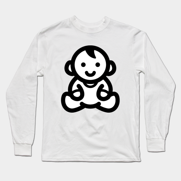 White long-sleeve shirt featuring a minimalist black line-art baby icon sitting cross-legged with a smiling face.