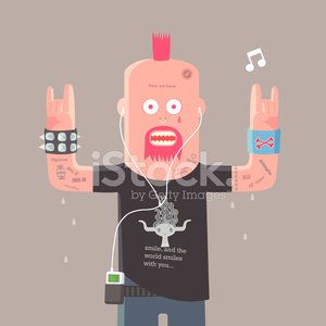 Punk rocker with mohawk, tattoos, and earphones making rock-on gestures while listening to music.