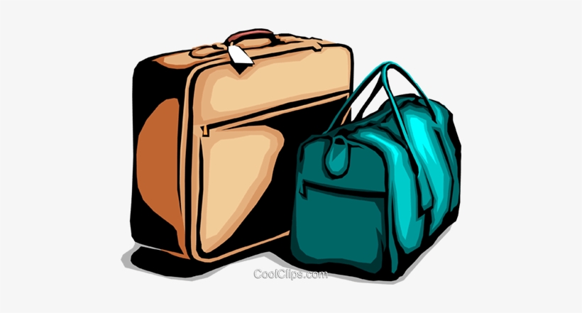 A beige hard-shell suitcase with a tag and a teal soft duffel bag, illustrated in cartoon style.