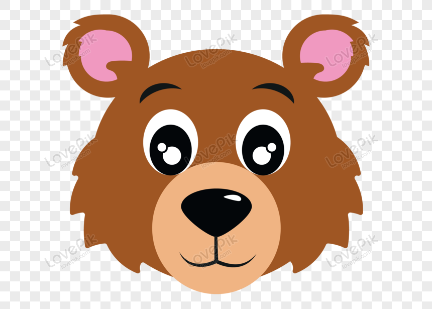 Cute cartoon brown bear face with big eyes, pink inner ears, and a friendly smile on transparent background.