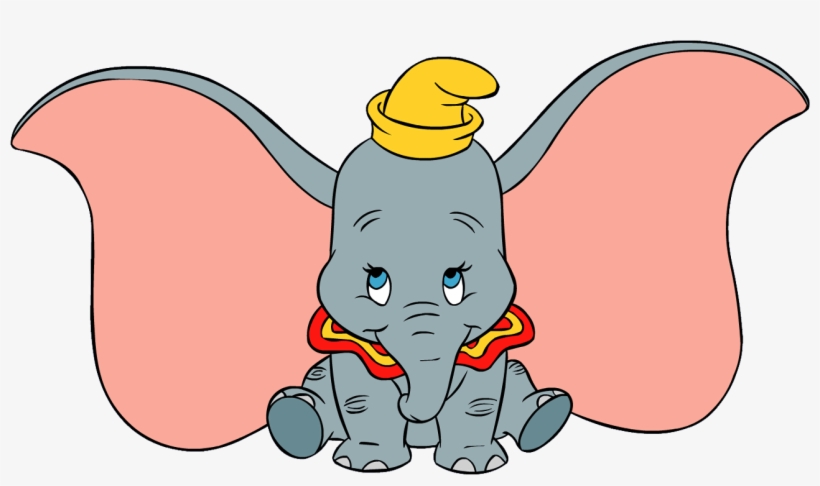 Dumbo the flying elephant wearing a yellow hat and red cape, sitting with large pink ears spread wide.