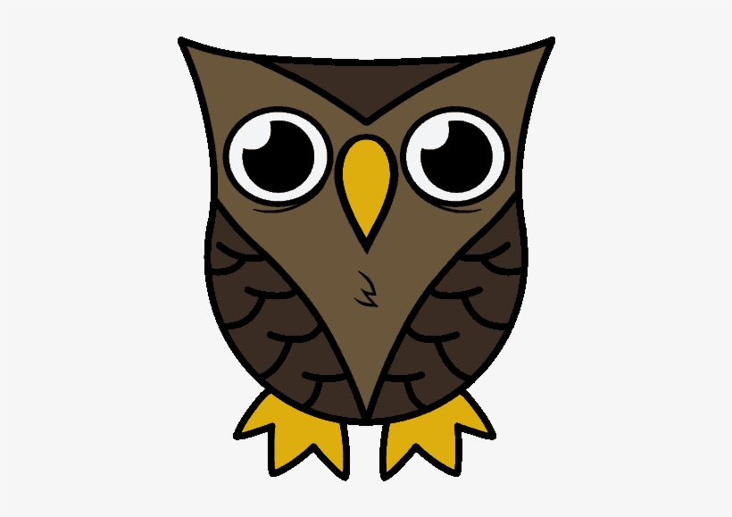 Cartoon brown owl with large white eyes, yellow beak and feet, stylized feather patterns on a white background.