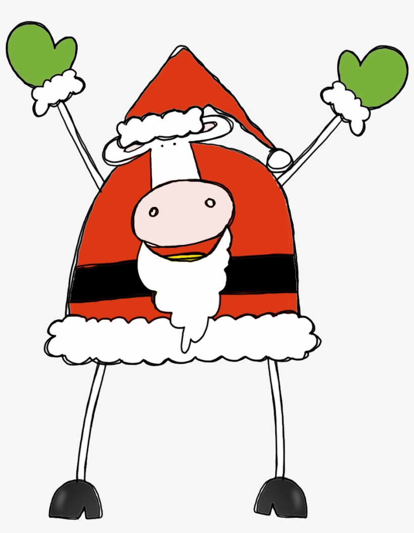 A cartoon cow dressed as Santa Claus, wearing a red suit and hat with white trim, holding green heart-shaped pom-poms.