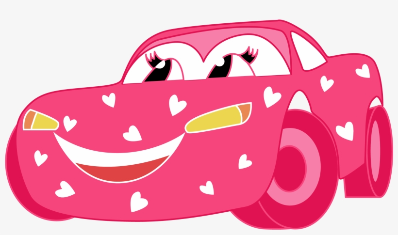 Pink cartoon race car with hearts, smiling face, and feminine eyelashes.