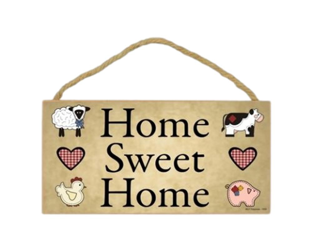 Rustic wooden sign with "Home Sweet Home" text, farm animals (sheep, cow, chicken, pig), and gingham hearts, hanging by twine.