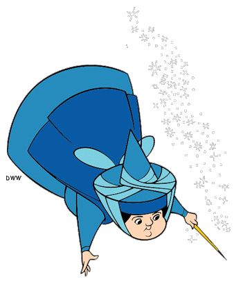 A cartoon fairy in a blue robe and pointed hat, casting snowflakes with a wand while floating mid-air.