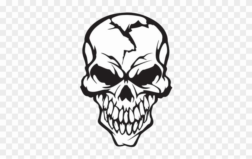 Stylized black-and-white cracked skull with aggressive expression and sharp teeth.