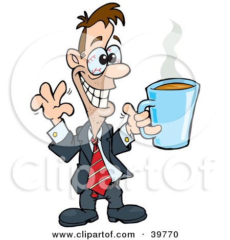 Cartoon businessman in suit holding steaming coffee mug, smiling widely and gesturing with hand.