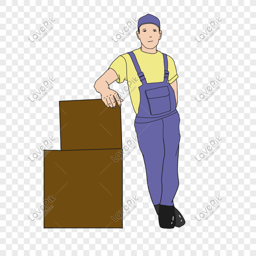 Worker in blue overalls and cap leaning on stacked brown boxes, cartoon illustration.
