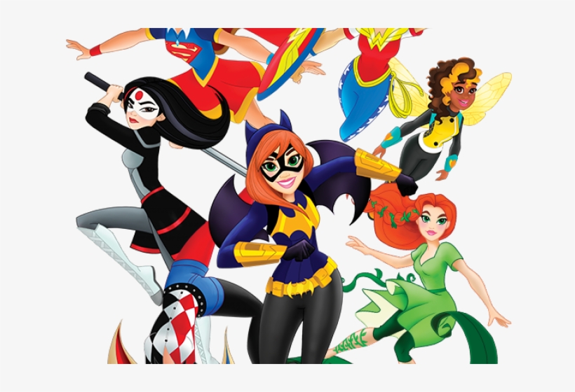 A dynamic group of DC Super Hero Girls including Batgirl, Supergirl, Wonder Woman, Harley Quinn, Poison Ivy, and Bumblebee in action poses.