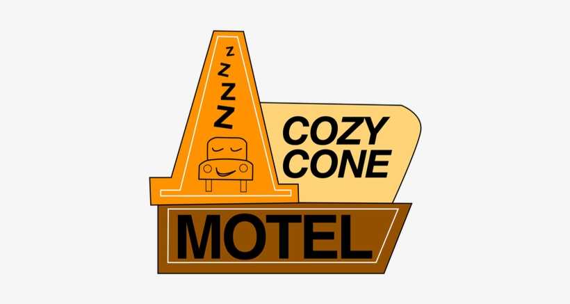 Cozy Cone Motel logo featuring a smiling car sleeping inside an orange traffic cone with "ZZZ" above and bold text branding.