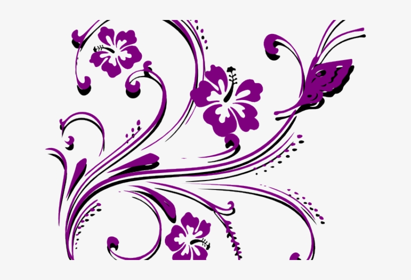 Purple hibiscus floral swirl design with black outlines and decorative flourishes on white background.
