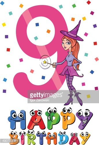 Happy 9th Birthday Card with Witch & Confetti - Free Illustration
