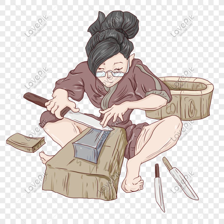 An elderly woman with glasses sharpens a knife on a whetstone, surrounded by tools and a wooden bucket.