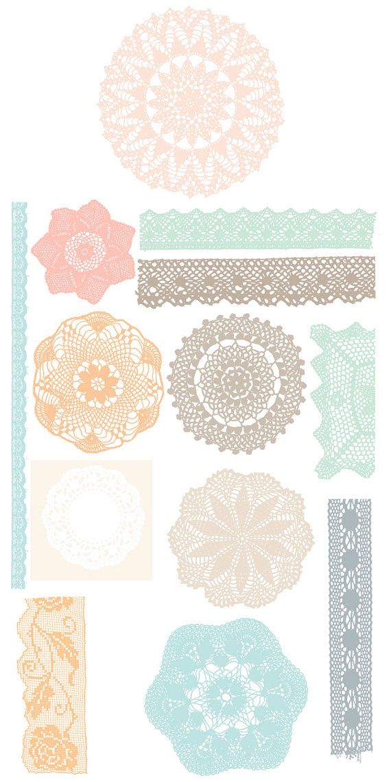 Collection of delicate lace doilies and trim in pastel colors including peach, mint, beige, and cream, arranged on white background.