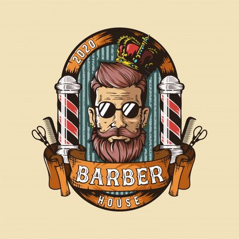 Vintage barber shop logo featuring a bearded man with sunglasses, crown, and classic barber poles, dated 2020.