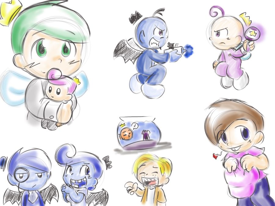 A colorful sketch collection of chibi-style animated characters including angels, devils, babies, and expressive figures in playful poses.