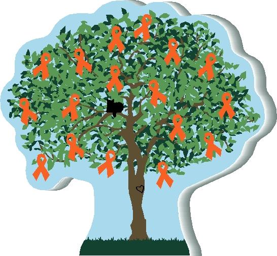 A symbolic tree with green leaves and orange awareness ribbons hanging from its branches, representing leukemia or cancer support.