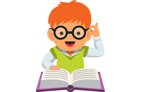 A smiling boy with orange hair and glasses reads a book, adjusting his spectacles thoughtfully.