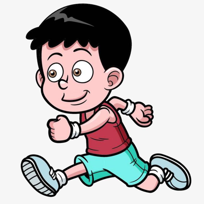 Cartoon boy with black hair, red tank top, and teal shorts running energetically with wristbands and sneakers.