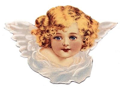 Vintage cherub angel with curly golden hair, blue eyes, white wings, and delicate drapery, in classic Victorian illustration style.