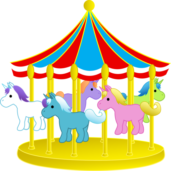 Colorful carousel with six pastel unicorns under a striped red, blue, and yellow canopy on a golden base.