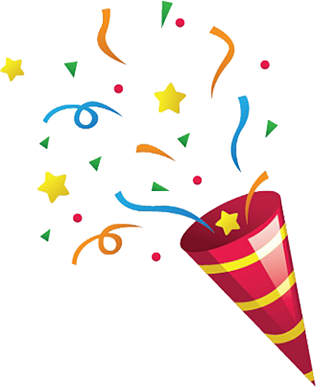 A red party popper bursting with colorful confetti, stars, streamers, and dots against a black background.