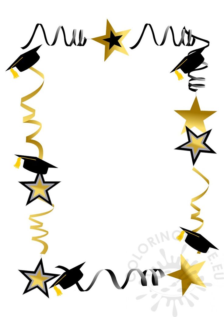 Graduation-themed decorative border with black caps, gold stars, and swirling ribbons on white background.