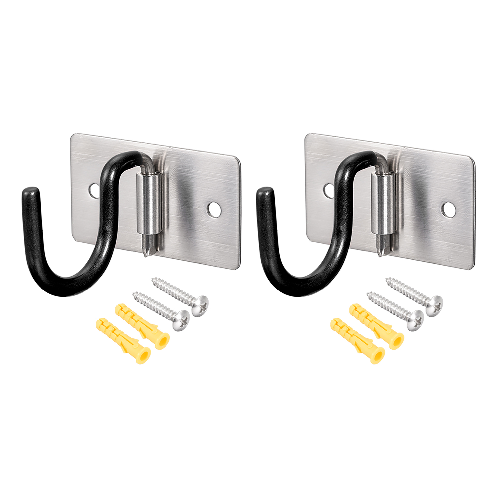 Two stainless steel wall-mounted hooks with black rubber-coated U-shaped arms, each with screws and yellow wall anchors included.