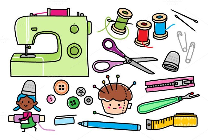 A colorful cartoon illustration of sewing supplies including a green sewing machine, scissors, spools of thread, buttons, pins, and a smiling seamstress.
