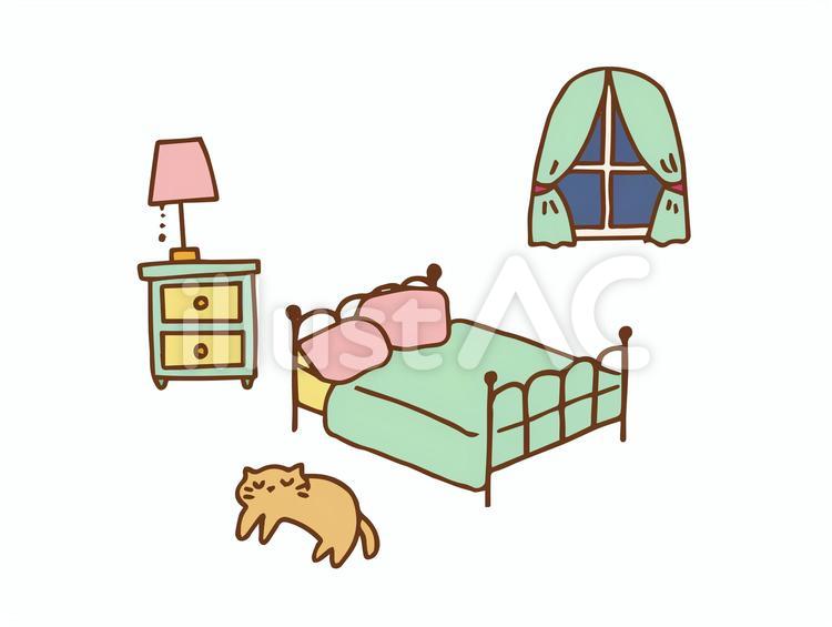 Cozy bedroom illustration with green bed, pink lamp, window with curtains, and a relaxed cat on the floor.